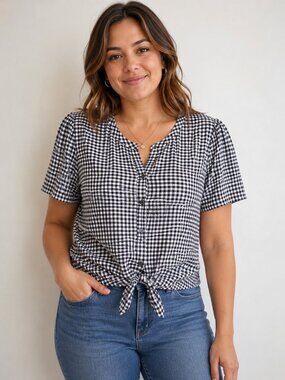 Women's Medium Black White Gingham Button Front Tie Front Blouse Short Sleeve